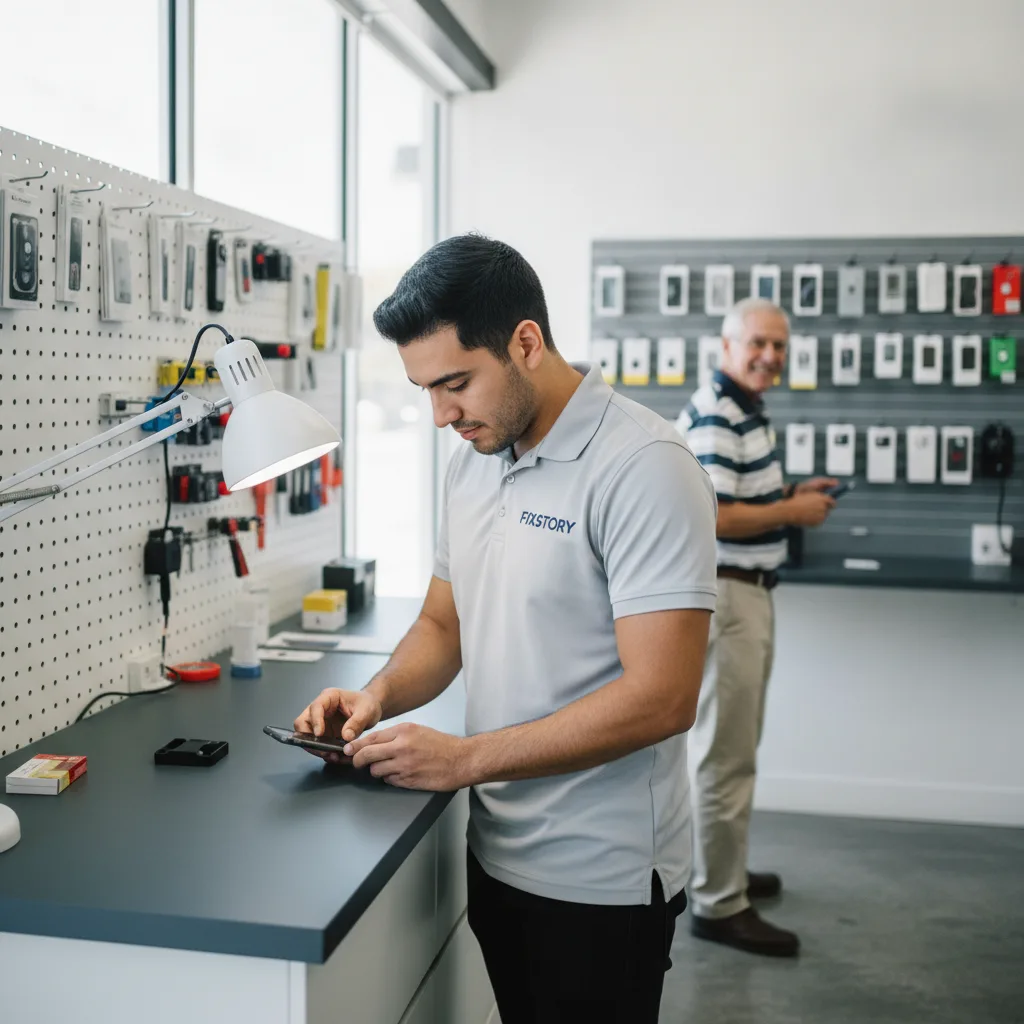 A FIXSTORY technician at a well-lit workbench, carefully replacing an iPhone screen.