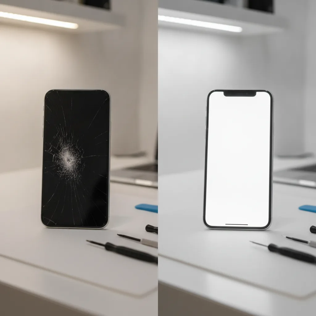 Before-and-after shot of an iPhone. The left side shows the spiderweb-cracked screen, and the right 