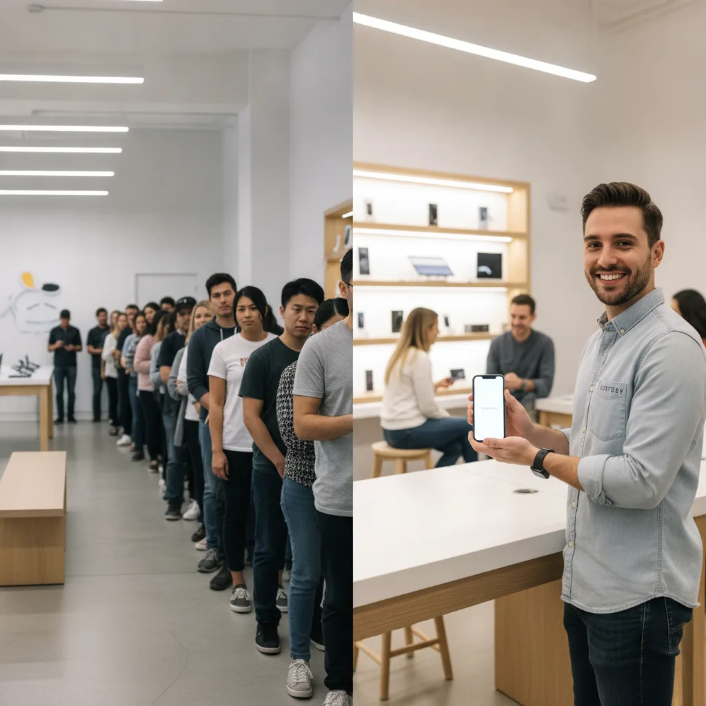 A split-screen image: one side shows a long queue at an Apple Store, the other side shows a customer