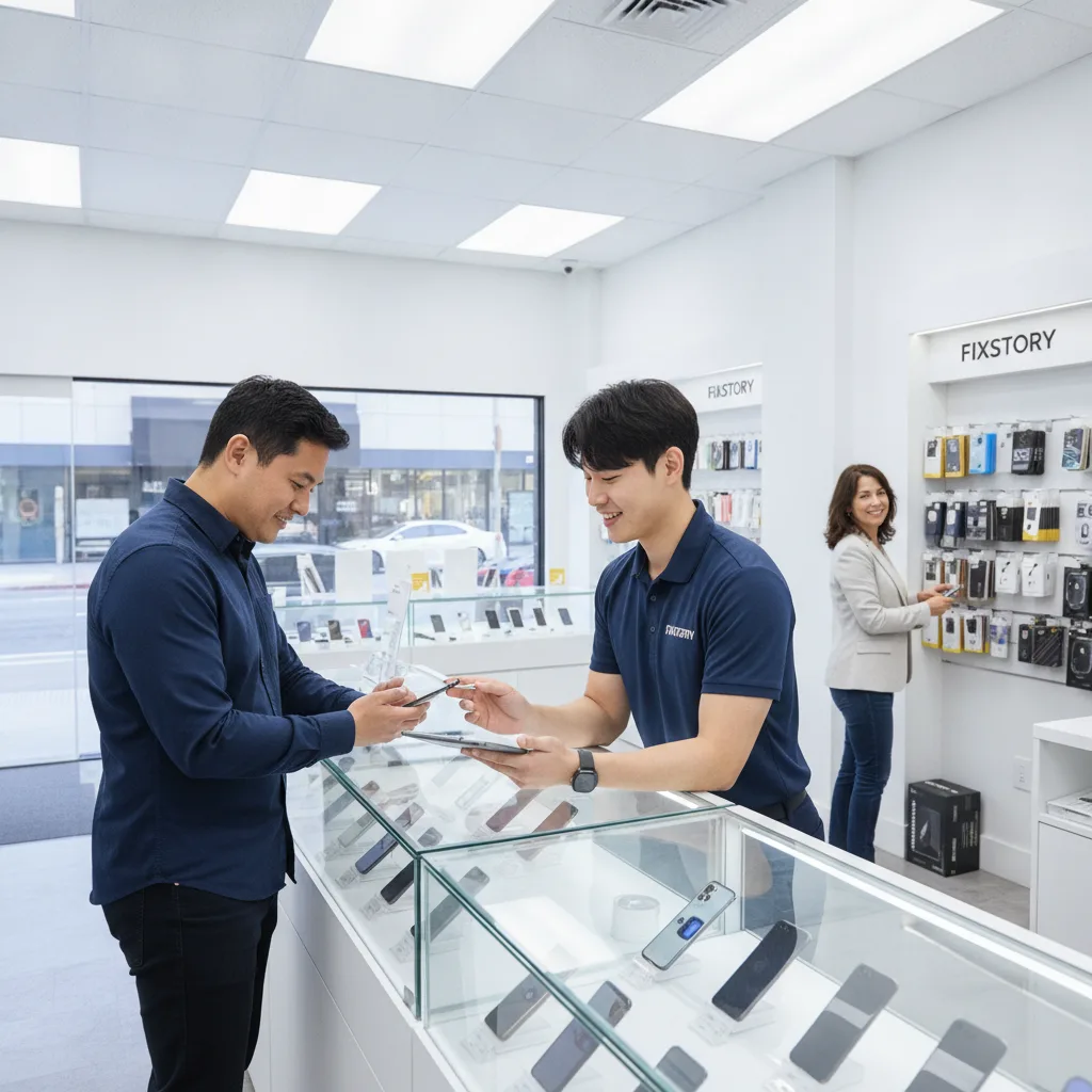 The FIXSTORY counter with a friendly technician giving a quote to a customer holding a cracked phone
