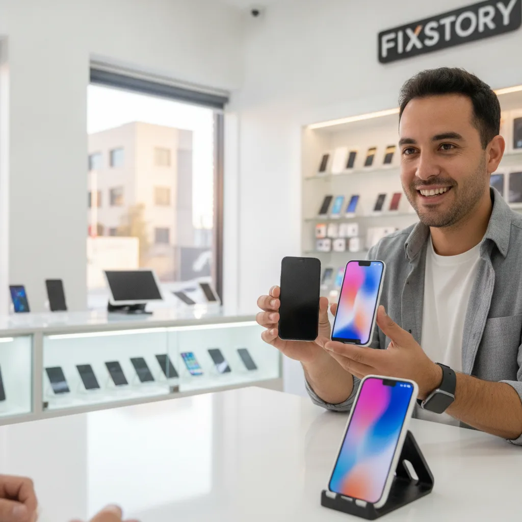 A friendly technician at FIXSTORY in DTLA showing a customer two different screen parts, explaining 
