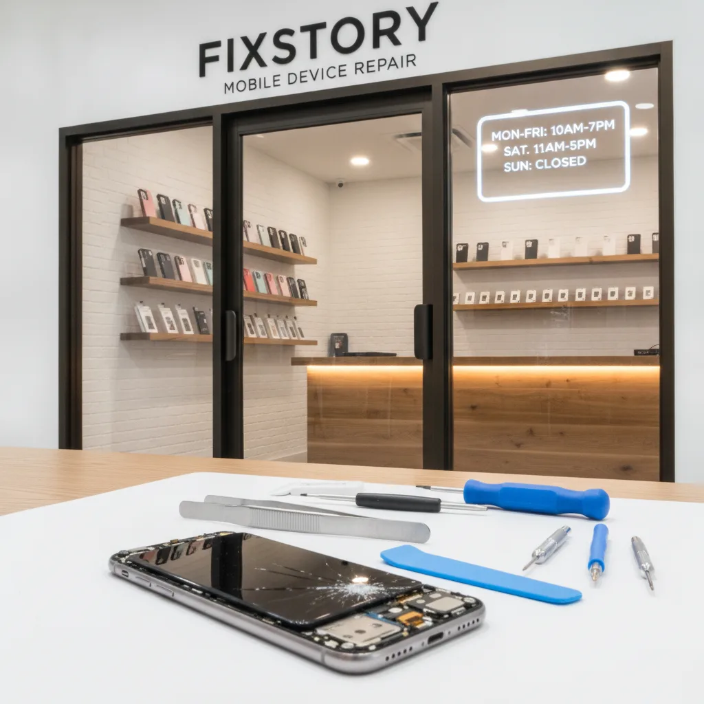 The front of the FIXSTORY shop in Downtown Los Angeles, with a clear view of the entrance and store 