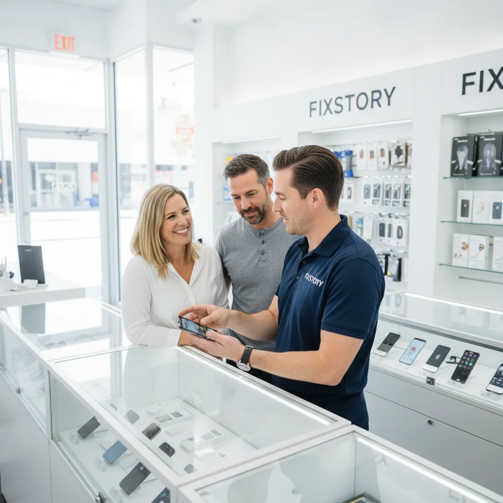 Interior shot of the FIXSTORY shop in DTLA, clean and well-lit, with a customer talking to a technic