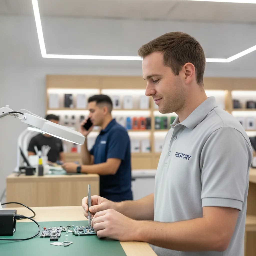 Inside the FIXSTORY shop with a technician talking to a customer over the counter, phone in hand.