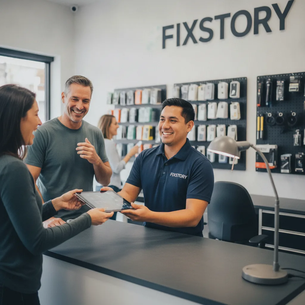 A friendly technician at FIXSTORY handing a repaired iPad back to a happy customer