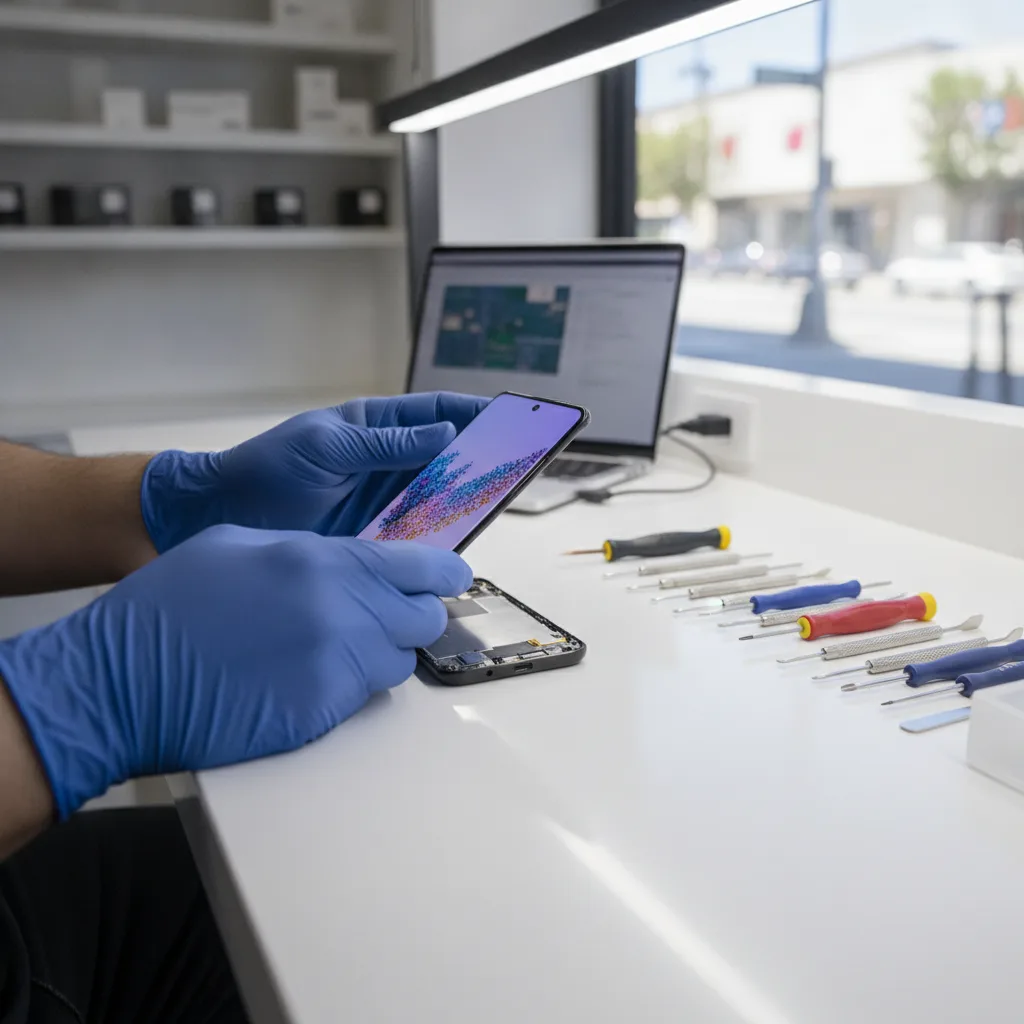 Close-up shot of a technician skillfully placing a new screen onto a Samsung Galaxy phone