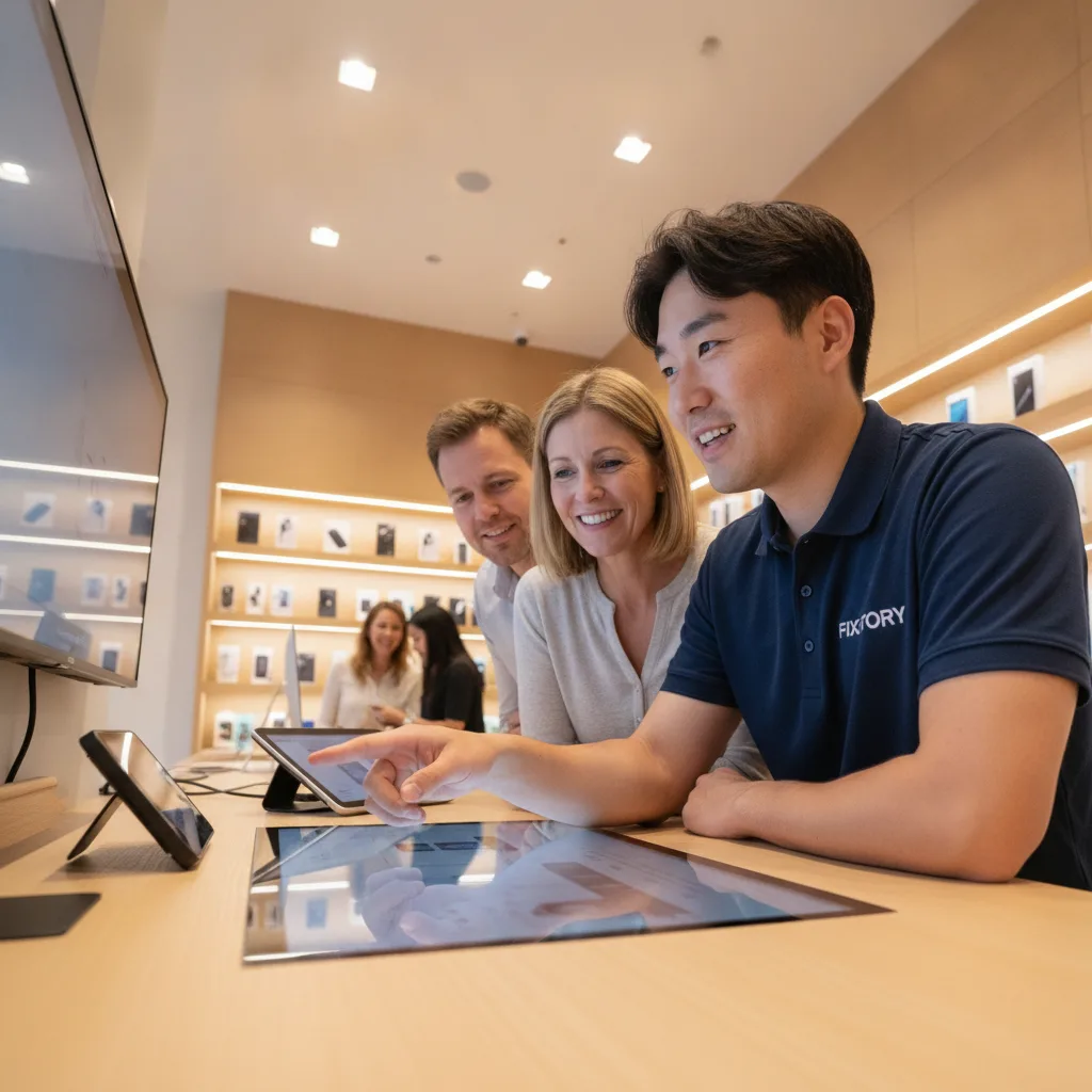 A friendly technician at FIXSTORY explaining repair options to a customer over the counter