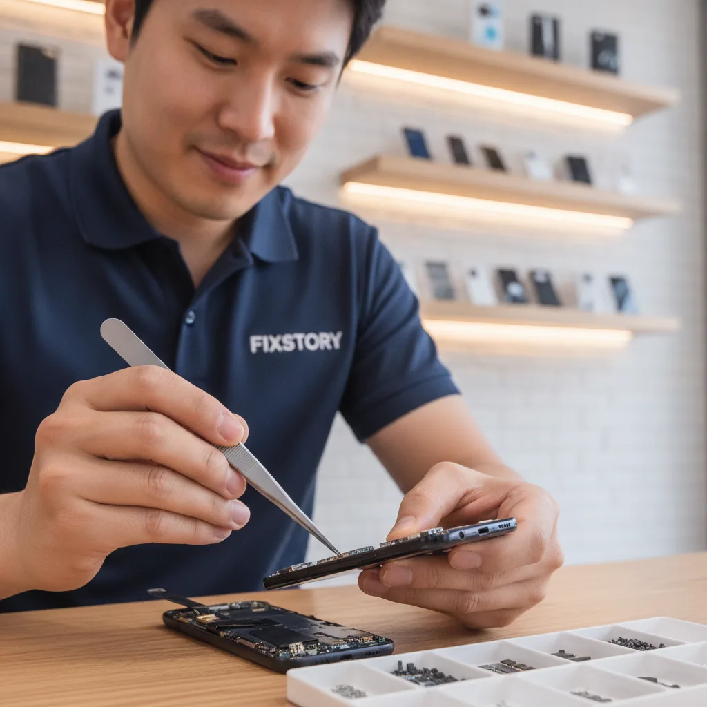 A customer leaving FIXSTORY with a smile, holding their newly repaired Samsung phone