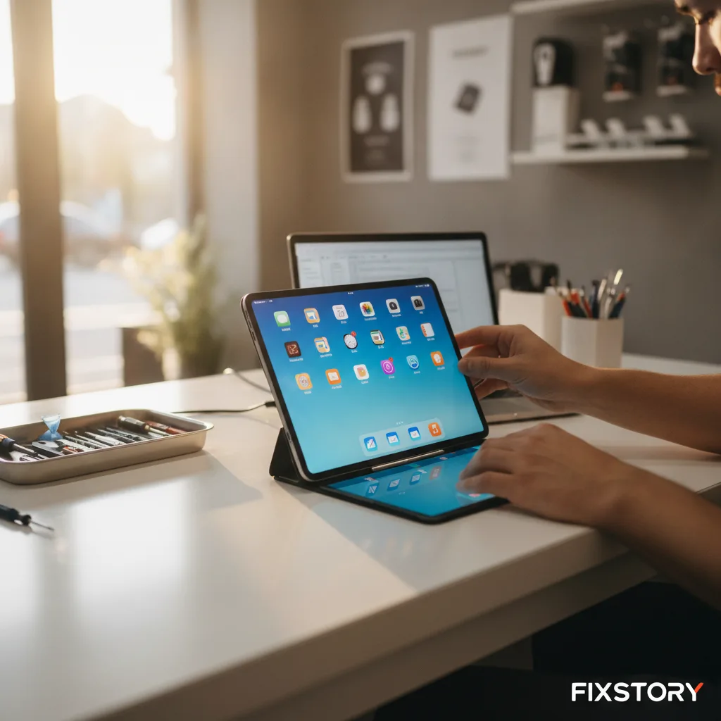 A technician at the FIXSTORY workbench, skillfully replacing an iPad screen with precision tools.