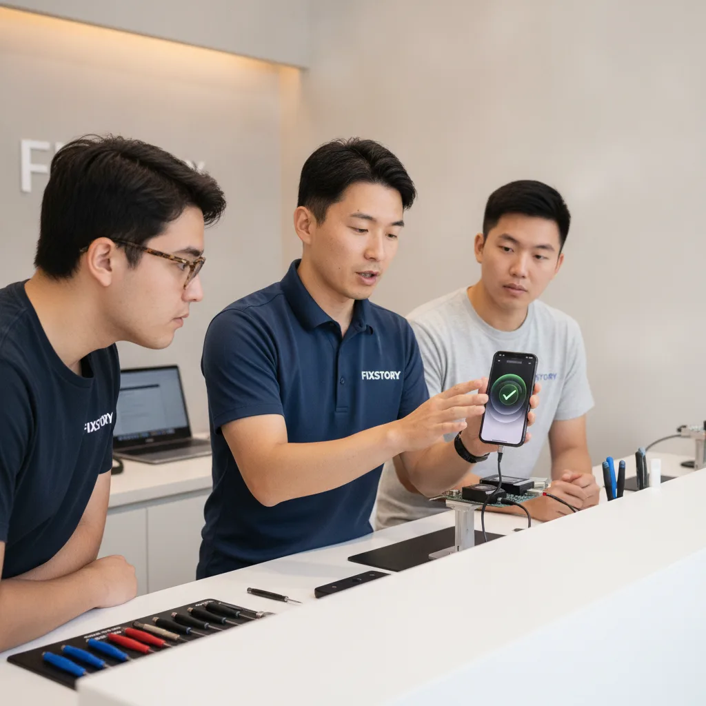 A technician at FIXSTORY showing a customer their fully repaired iPhone, demonstrating that Face ID 