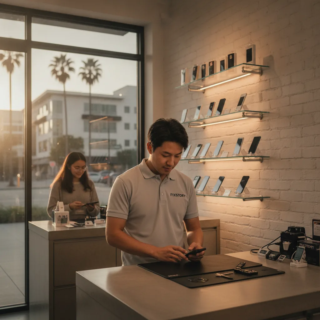 The exterior of the FIXSTORY shop in Downtown LA, with the sun setting and city lights in the backgr