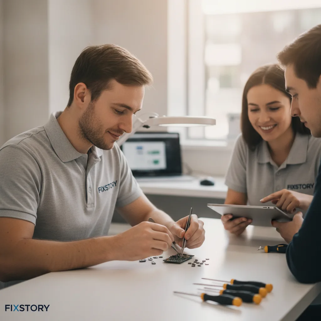 A friendly FIXSTORY staff member smiling at a customer, pointing to a diagnostic report on a tablet 
