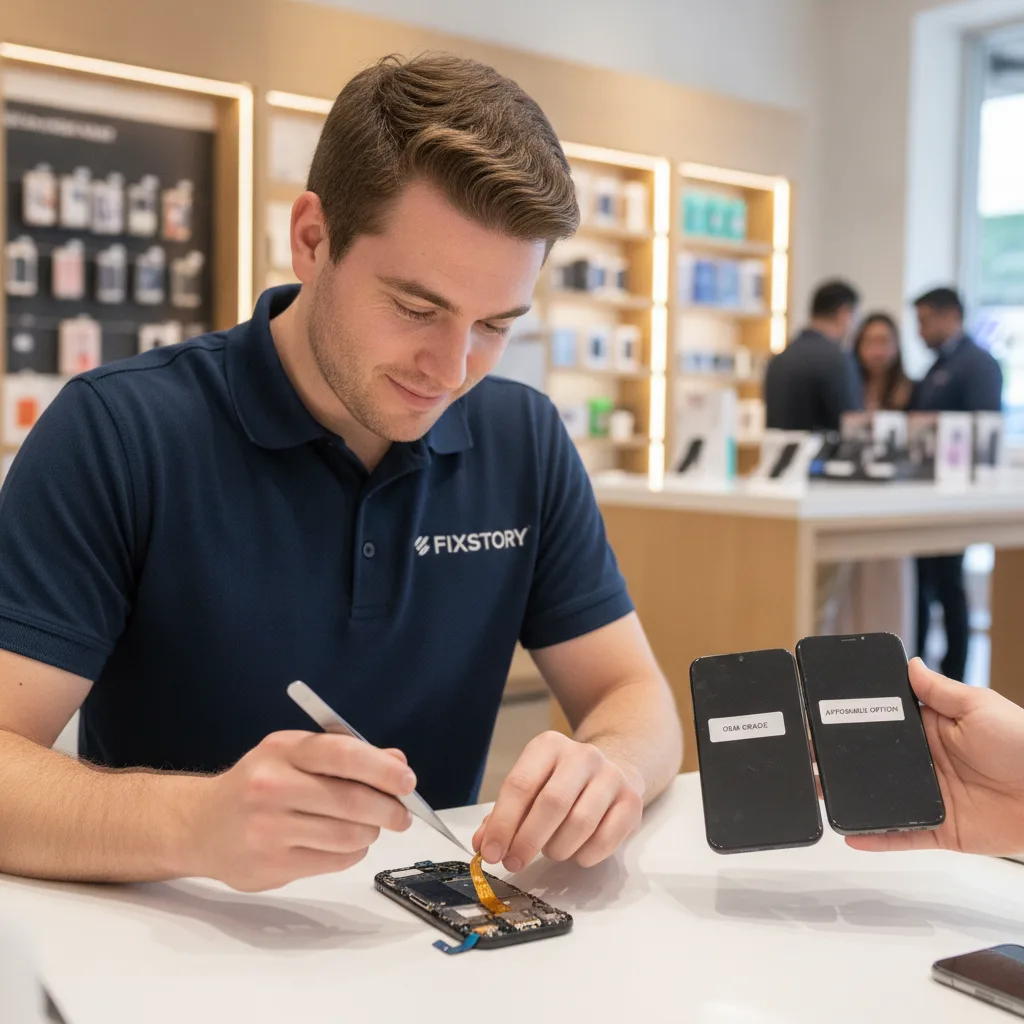 A technician at FIXSTORY showing a customer two different replacement screens, an OEM-grade one and 