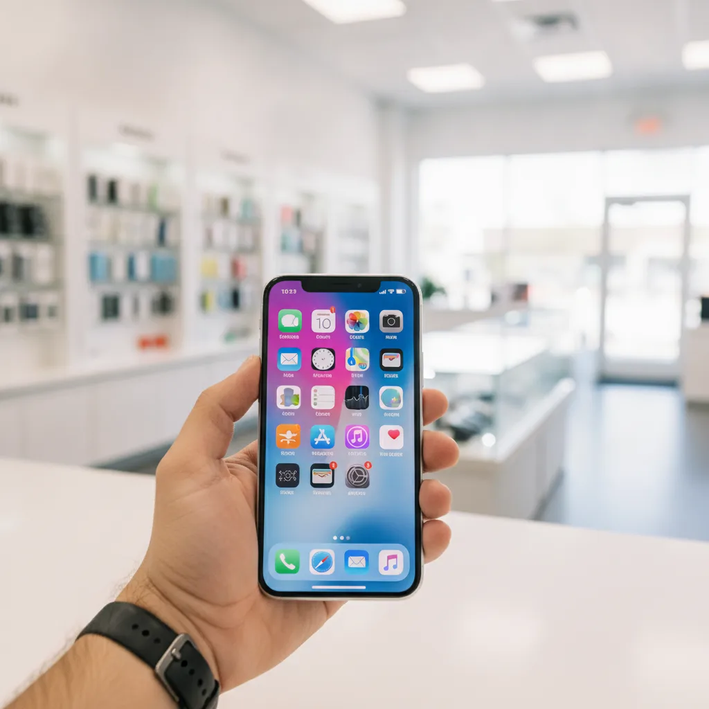 A close-up shot of a perfectly repaired iPhone screen, showing a bright and colorful home screen, he