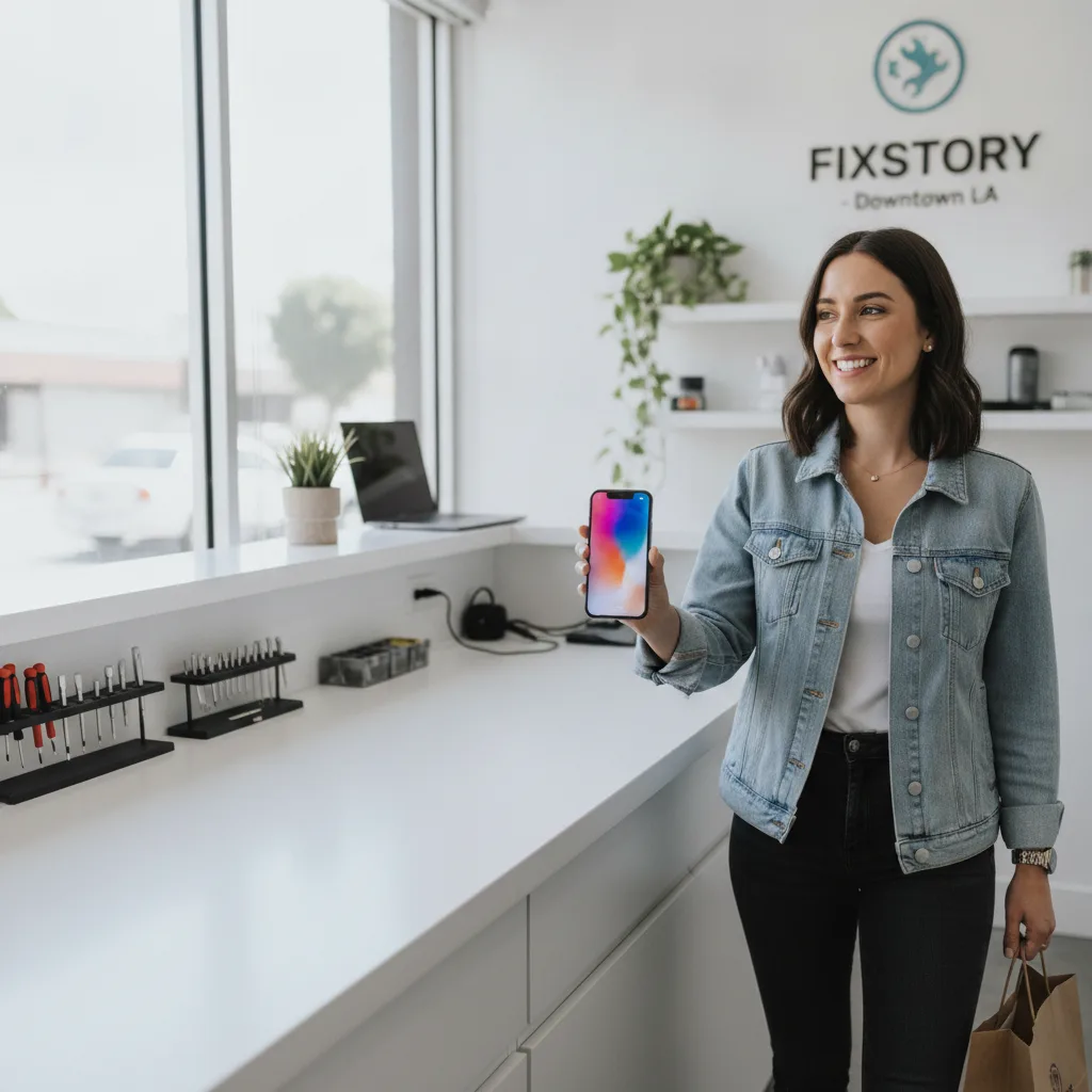 The FIXSTORY storefront in Downtown LA, with a customer happily walking out with a repaired phone.