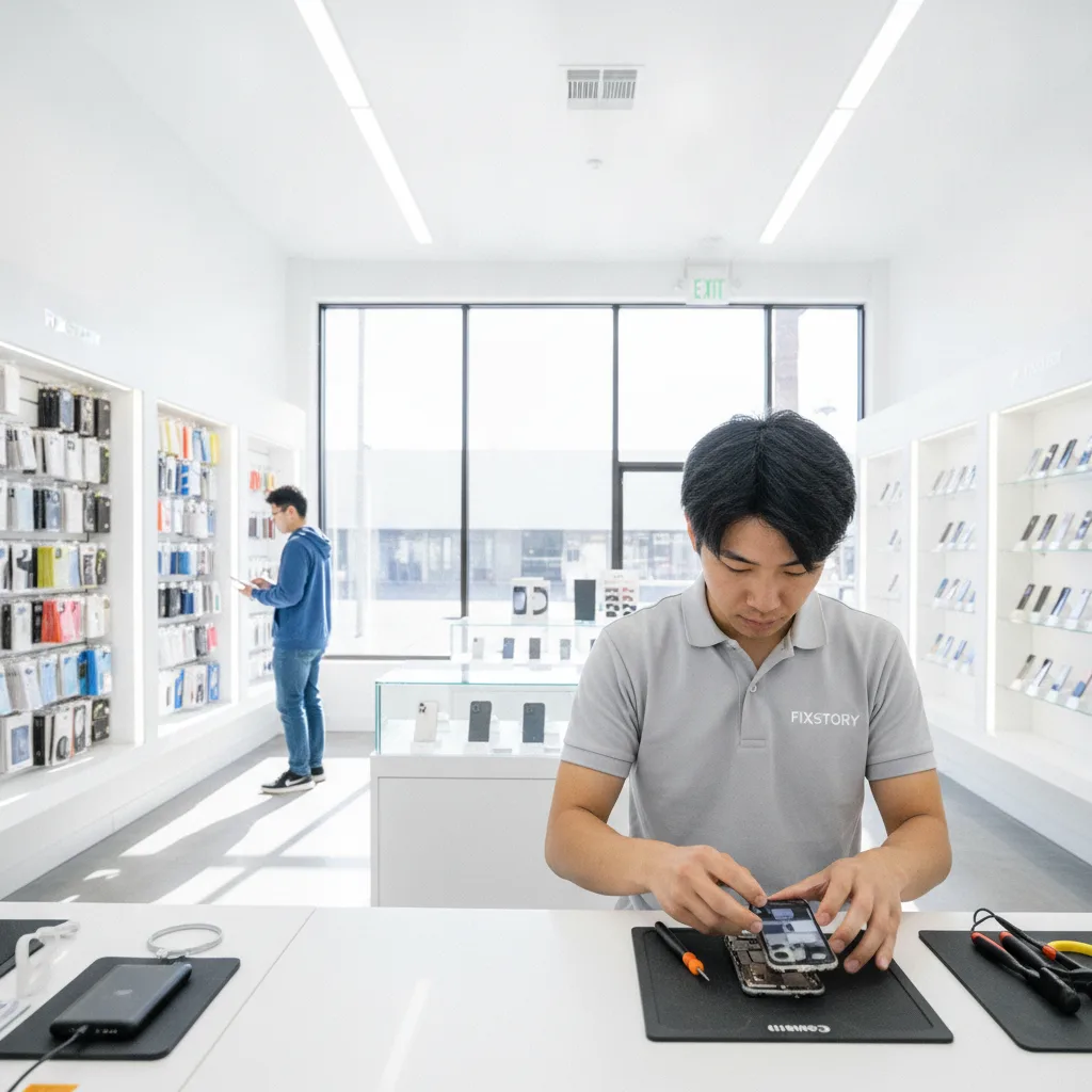 A technician carefully working on an open iPhone at a well-lit repair bench.