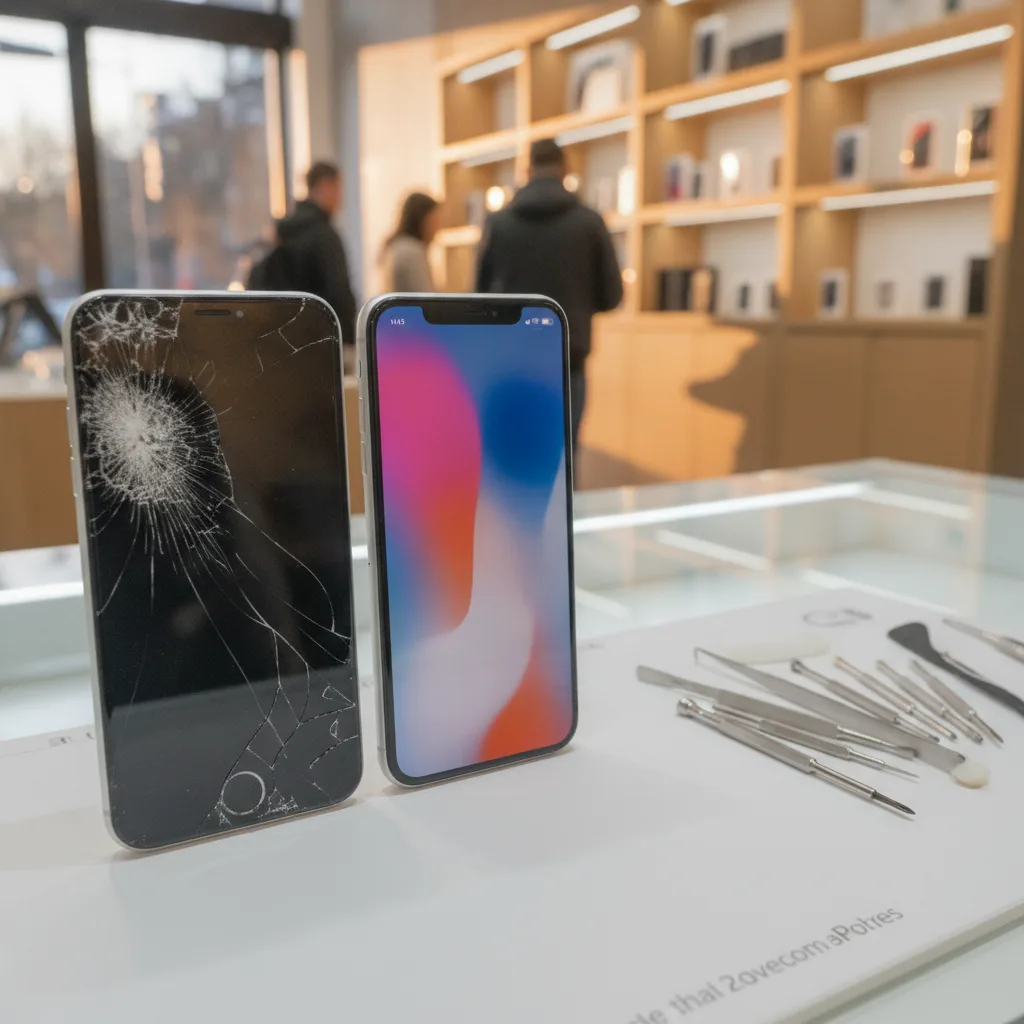 A side-by-side comparison of a shattered iPhone screen and a perfectly repaired one.