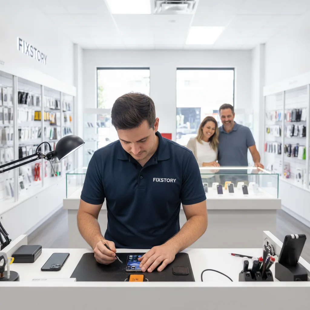A technician's hands carefully replacing an iPhone screen at a well-lit workbench inside FIXSTORY.