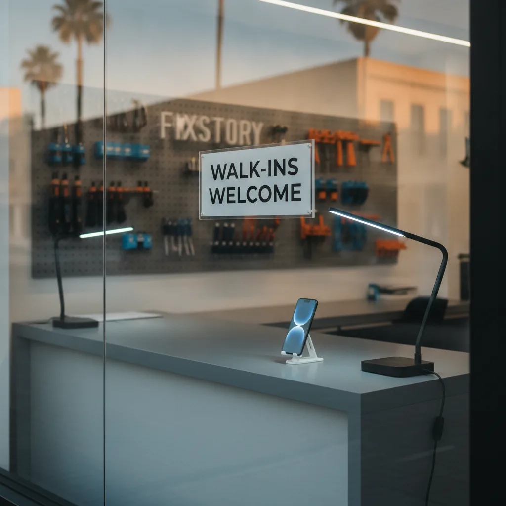 The FIXSTORY storefront in Downtown LA, with a clear view of the 'Walk-Ins Welcome' sign.