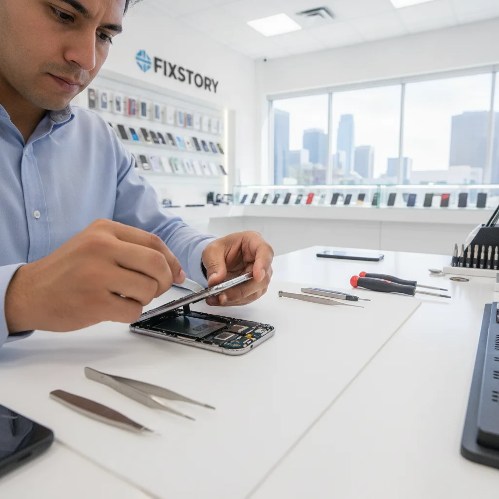 The inside of the FIXSTORY repair shop, showing a clean workbench with tools and parts, and a techni