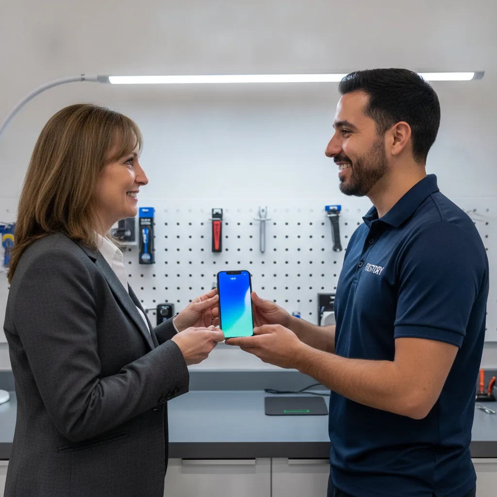 A smiling customer leaving the FIXSTORY shop, holding their perfectly repaired iPhone.