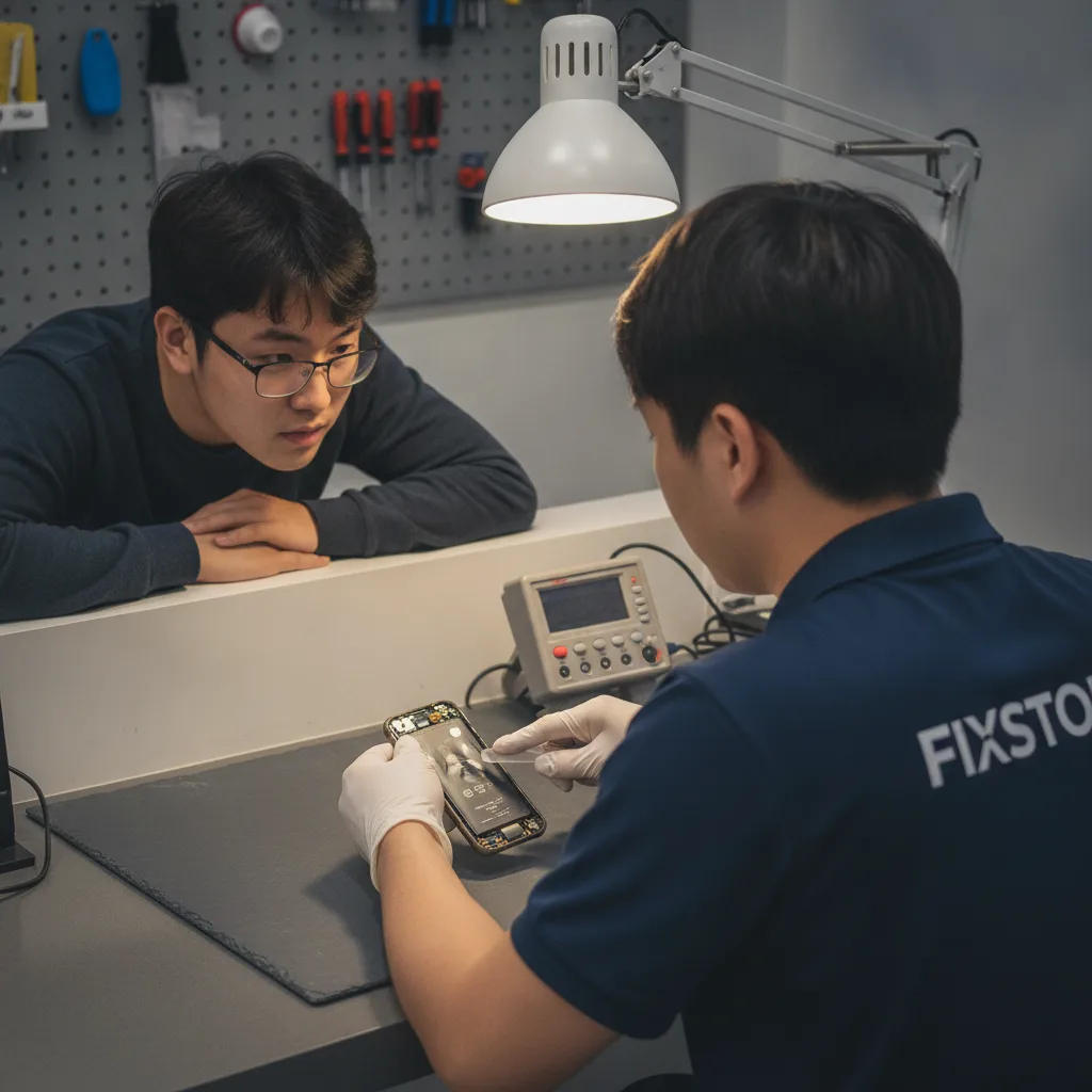 A technician's hands carefully removing a swollen battery from an open iPhone. Safety gloves are wor