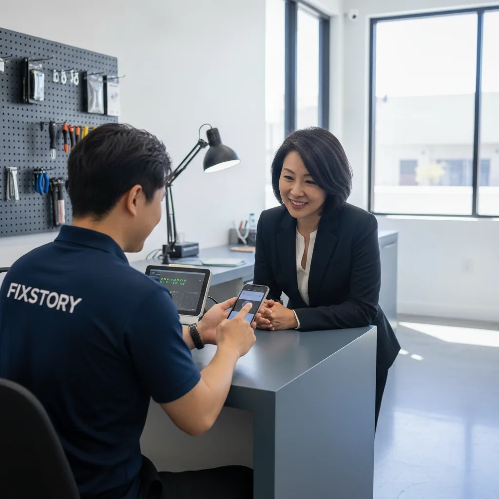 Interior of FIXSTORY repair shop, bright and clean, with a customer smiling as they receive their re