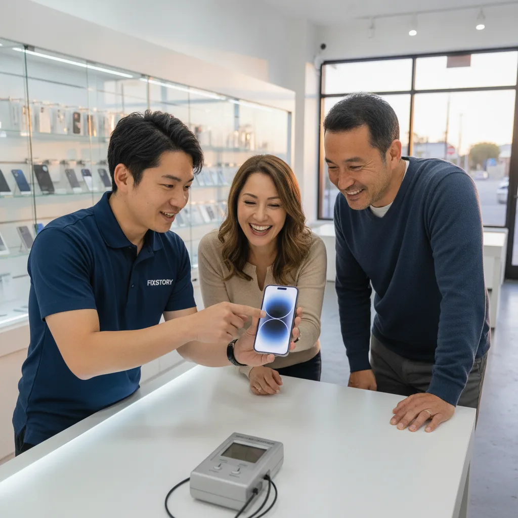A person smiling as they use their perfectly repaired iPhone, the screen bright and flawless.