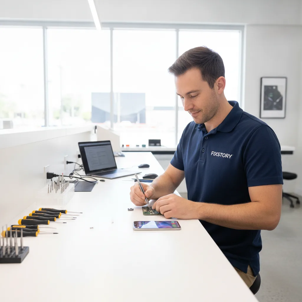 A perfectly repaired iPhone screen, bright and flawless, sitting on the counter at FIXSTORY.