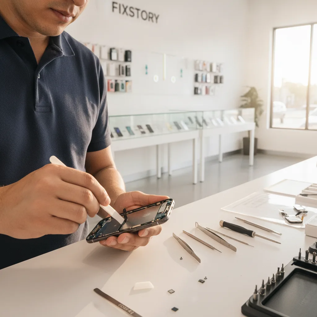 A technician at FIXSTORY carefully replacing an iPhone screen at a workbench