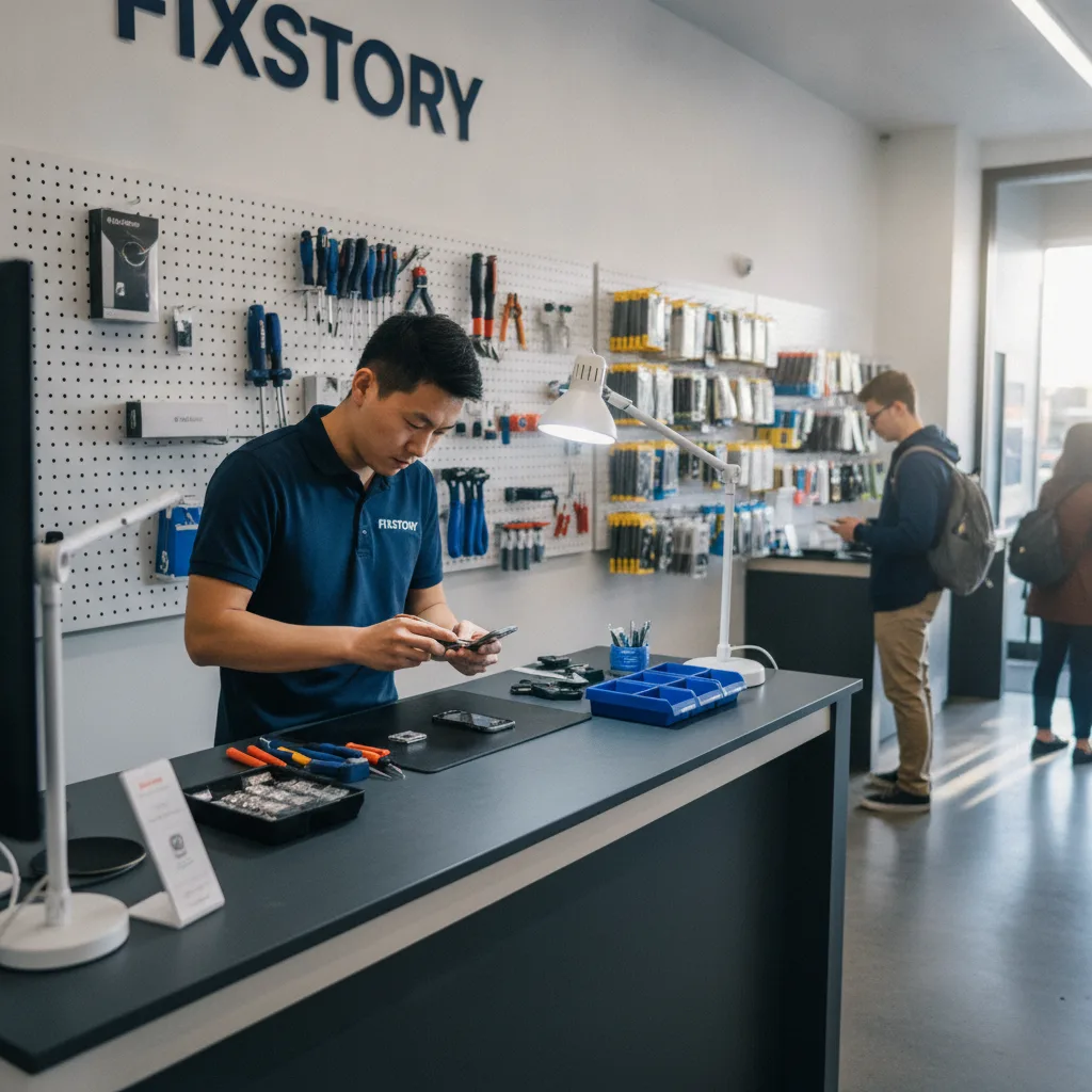 The FIXSTORY repair counter with a technician carefully opening an iPhone with professional tools