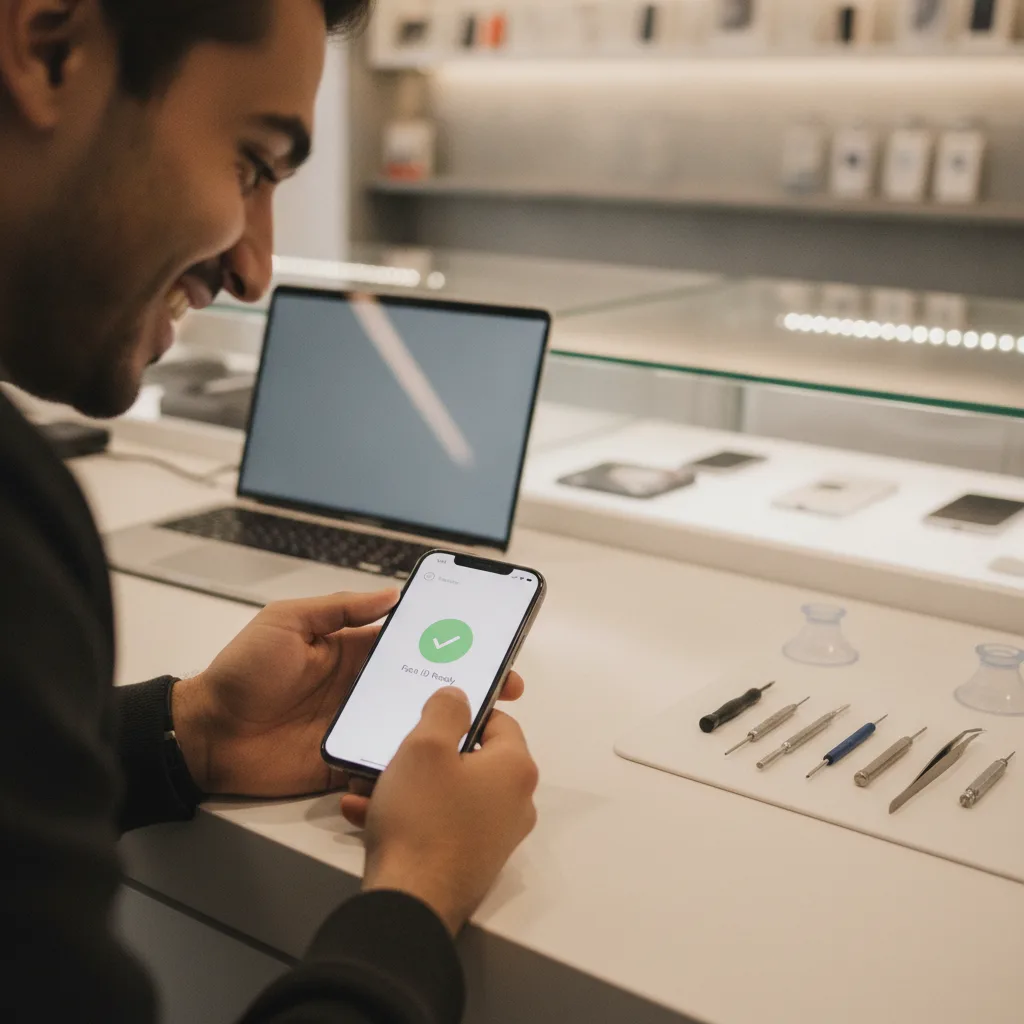 A person smiling as they use their newly repaired iPhone with a pristine screen, Face ID working per