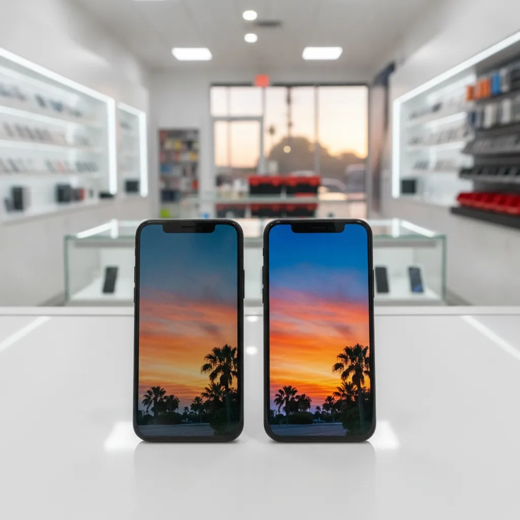 A side-by-side comparison of a low-quality aftermarket screen with poor colors and an OEM-grade scre