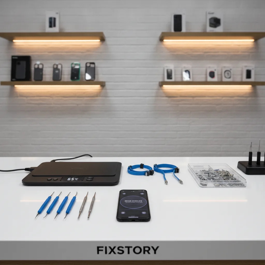 A workbench at FIXSTORY with specialized tools for phone repair, like heat pads and fine-tipped pry 
