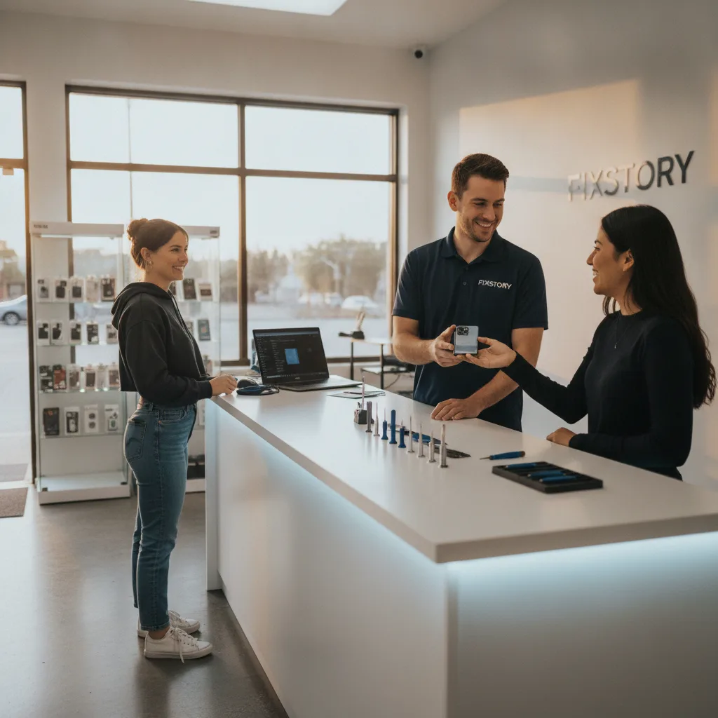 A friendly FIXSTORY technician handing a perfectly repaired Samsung phone back to a happy customer i