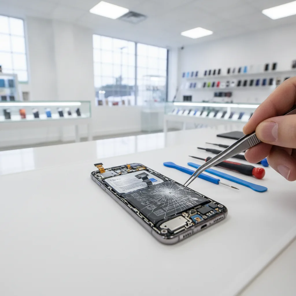 Inside the FIXSTORY shop, a technician is skillfully working on a disassembled Samsung phone on a cl