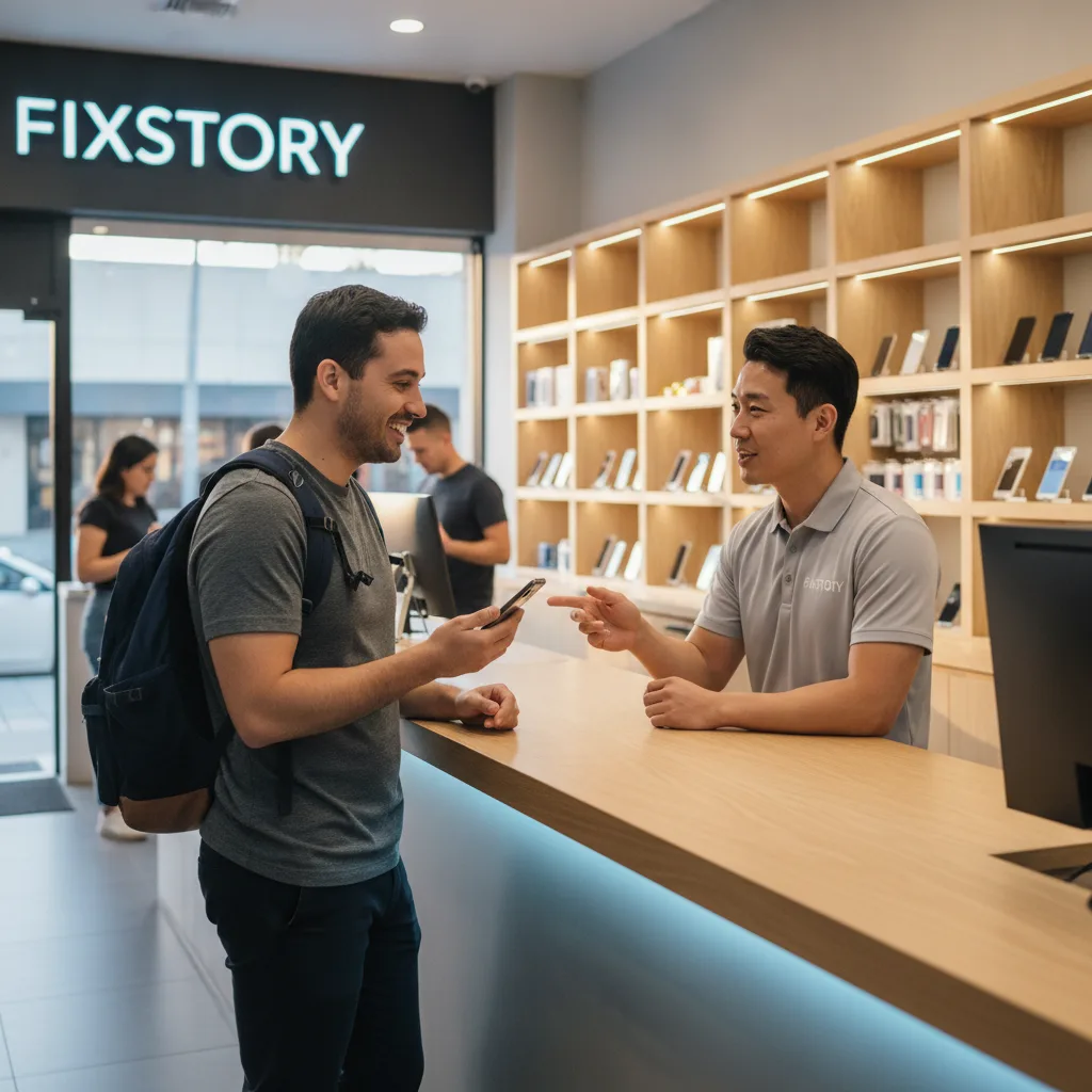 A smiling customer receiving their perfectly repaired Samsung Galaxy phone over the counter from a f