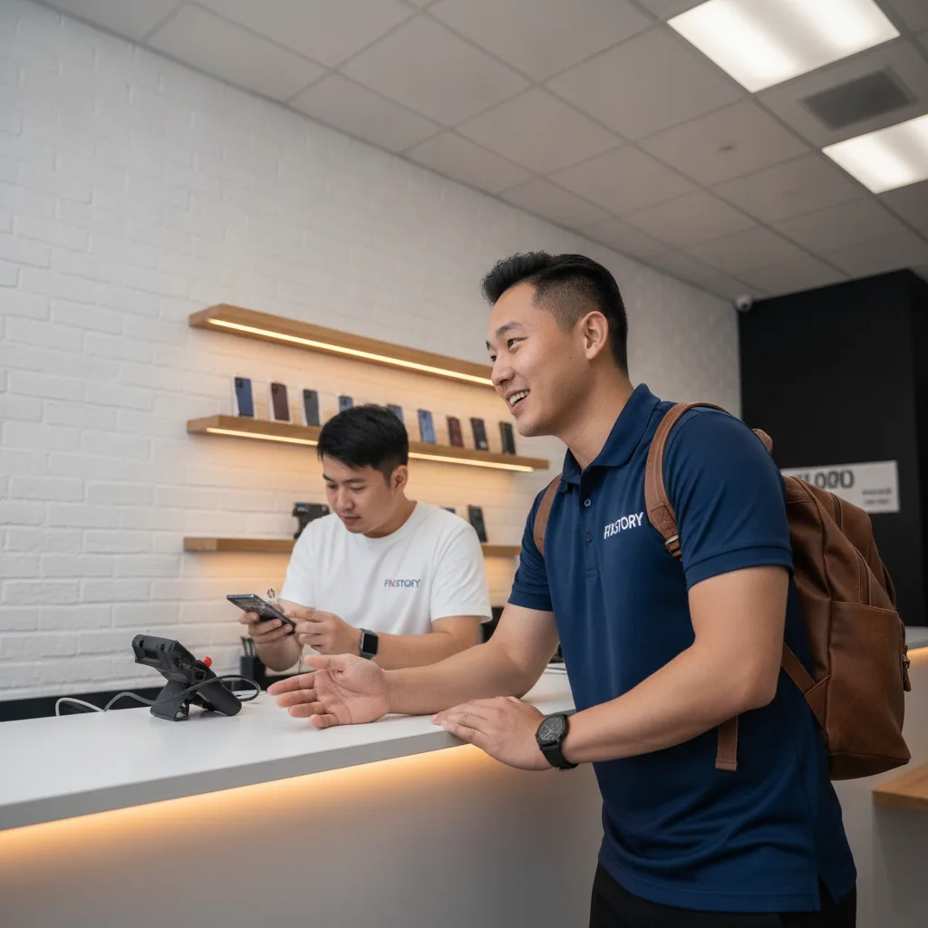 The FIXSTORY repair counter with a technician examining a cracked Samsung phone, speaking warmly to 