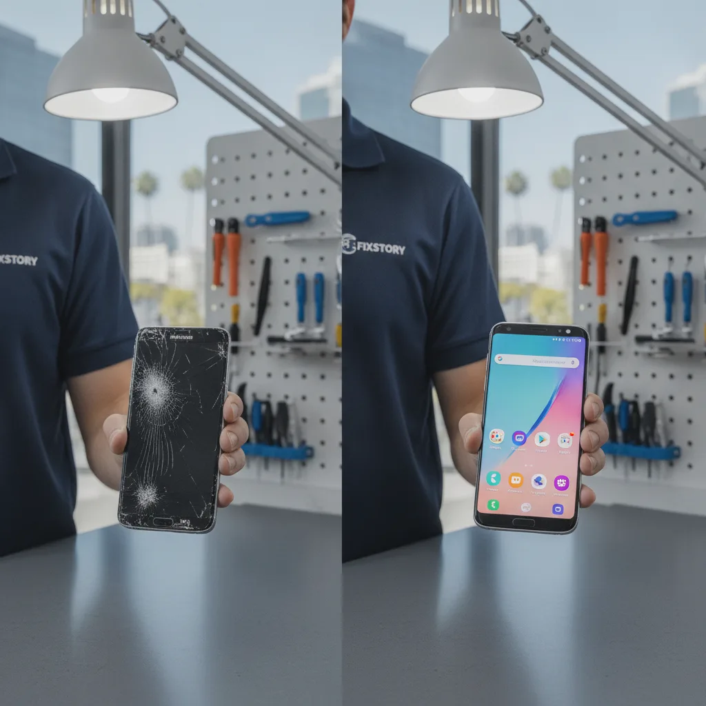 A split-screen image showing a cracked Samsung screen on the left and a perfectly repaired screen on