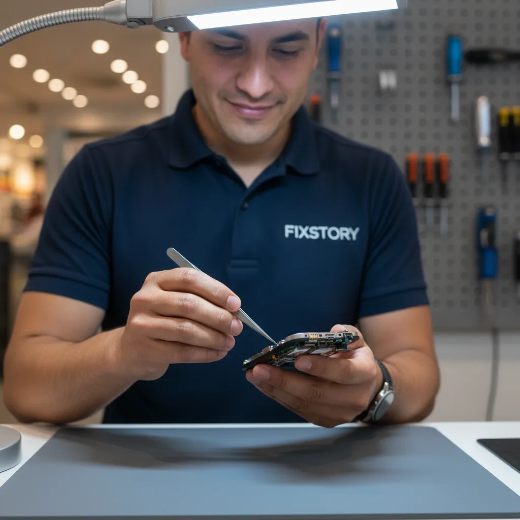 Interior shot of the FIXSTORY shop in Downtown LA, clean and organized, with a friendly technician a