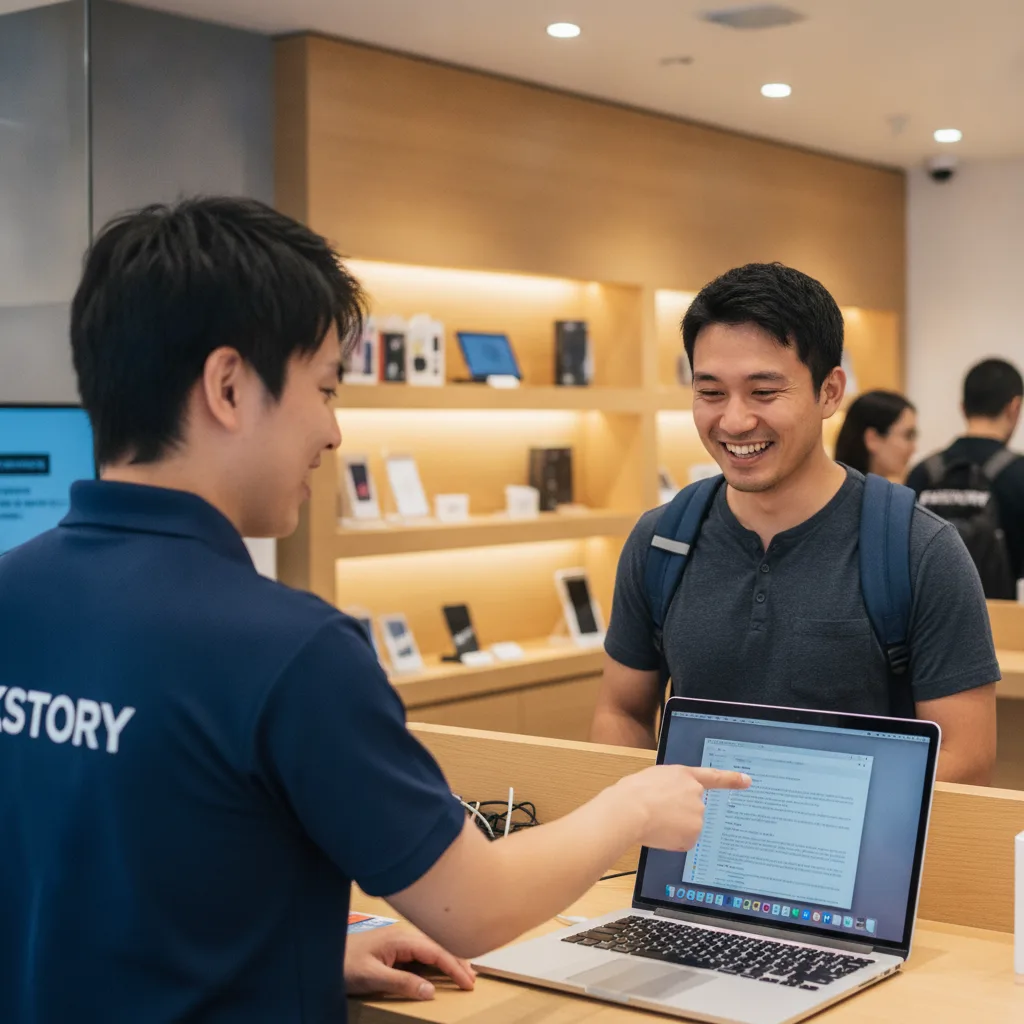 A friendly FIXSTORY technician at the counter talking to a customer, pointing at a MacBook screen