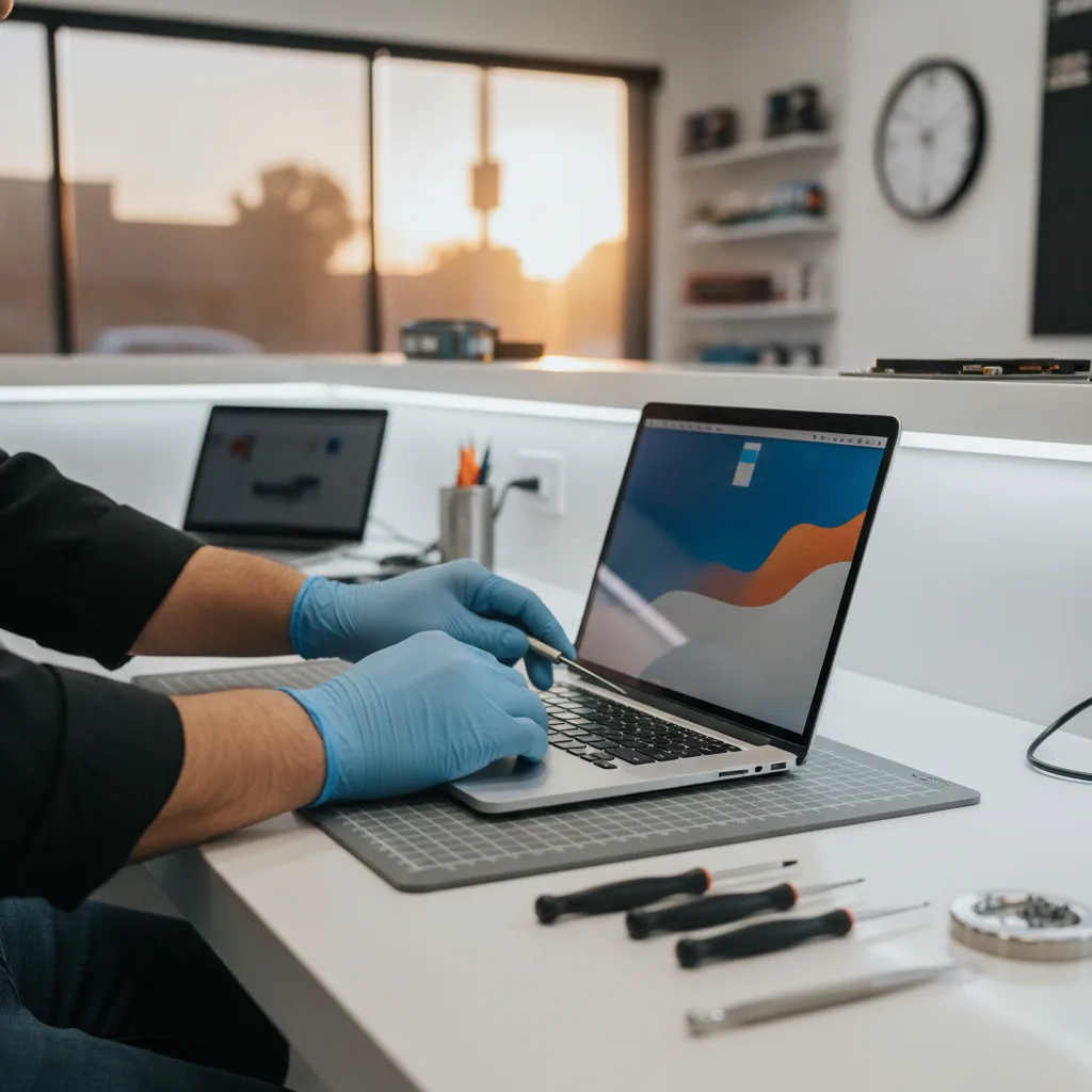Close-up of a technician's hands carefully opening the back of a MacBook Pro on a professional work 