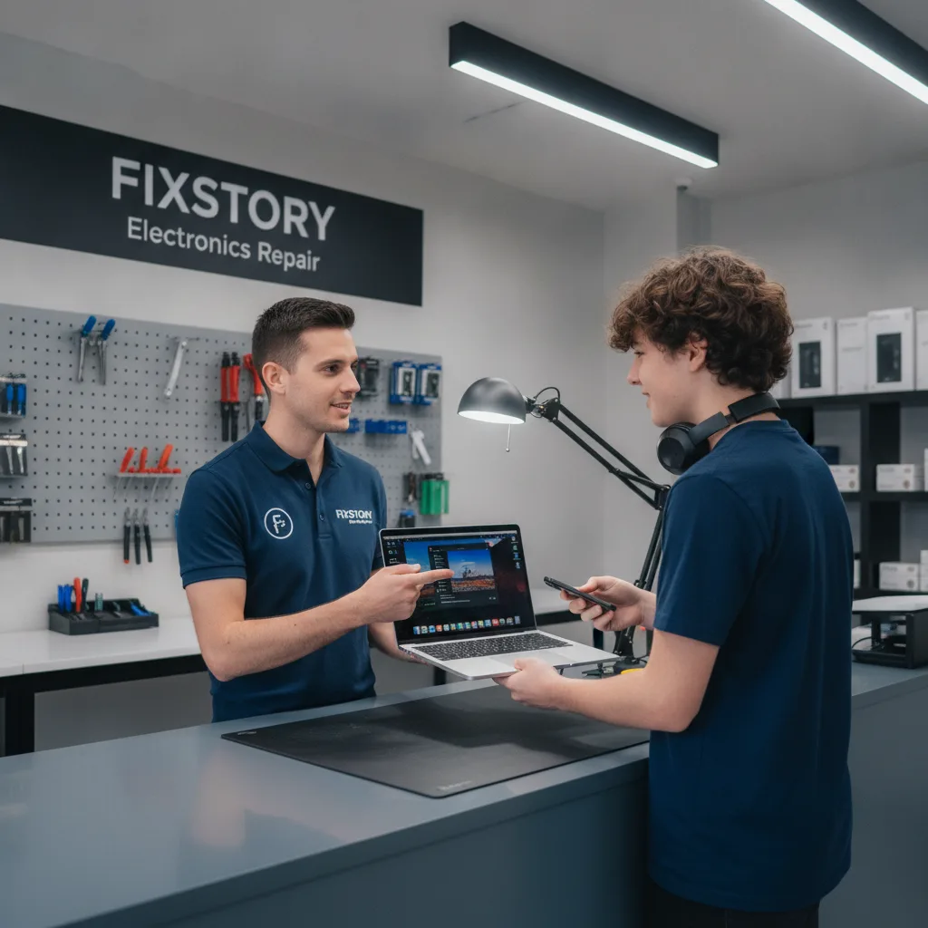 Inside the FIXSTORY shop, showing a clean workbench with various tools and a repaired MacBook displa