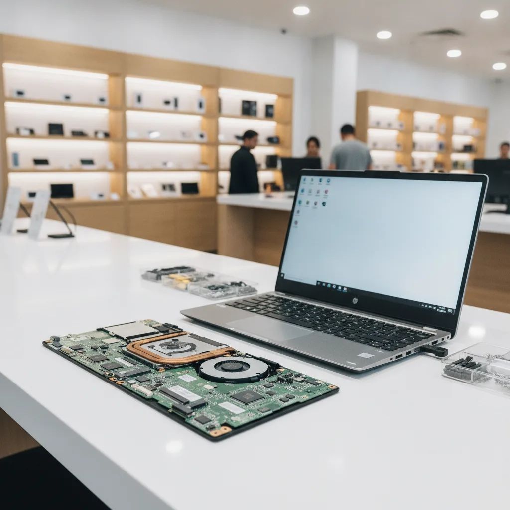 A technician's workbench with a disassembled HP laptop, showing the internal components like the mot