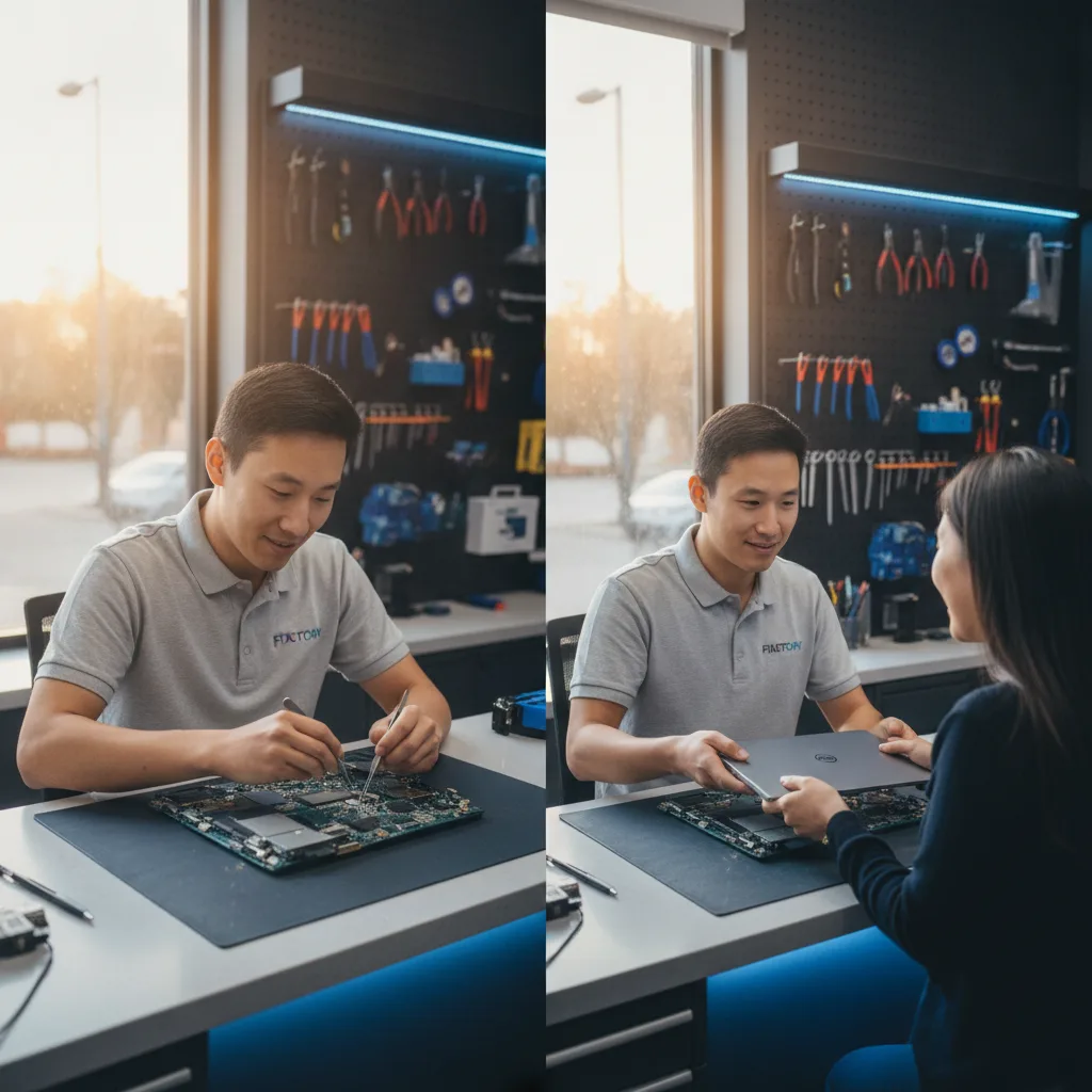 A friendly FIXSTORY technician handing a repaired Dell laptop back to a smiling customer over the co