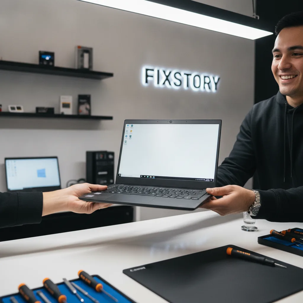A customer from Irvine smiling as they receive their fully repaired Lenovo laptop over the counter a