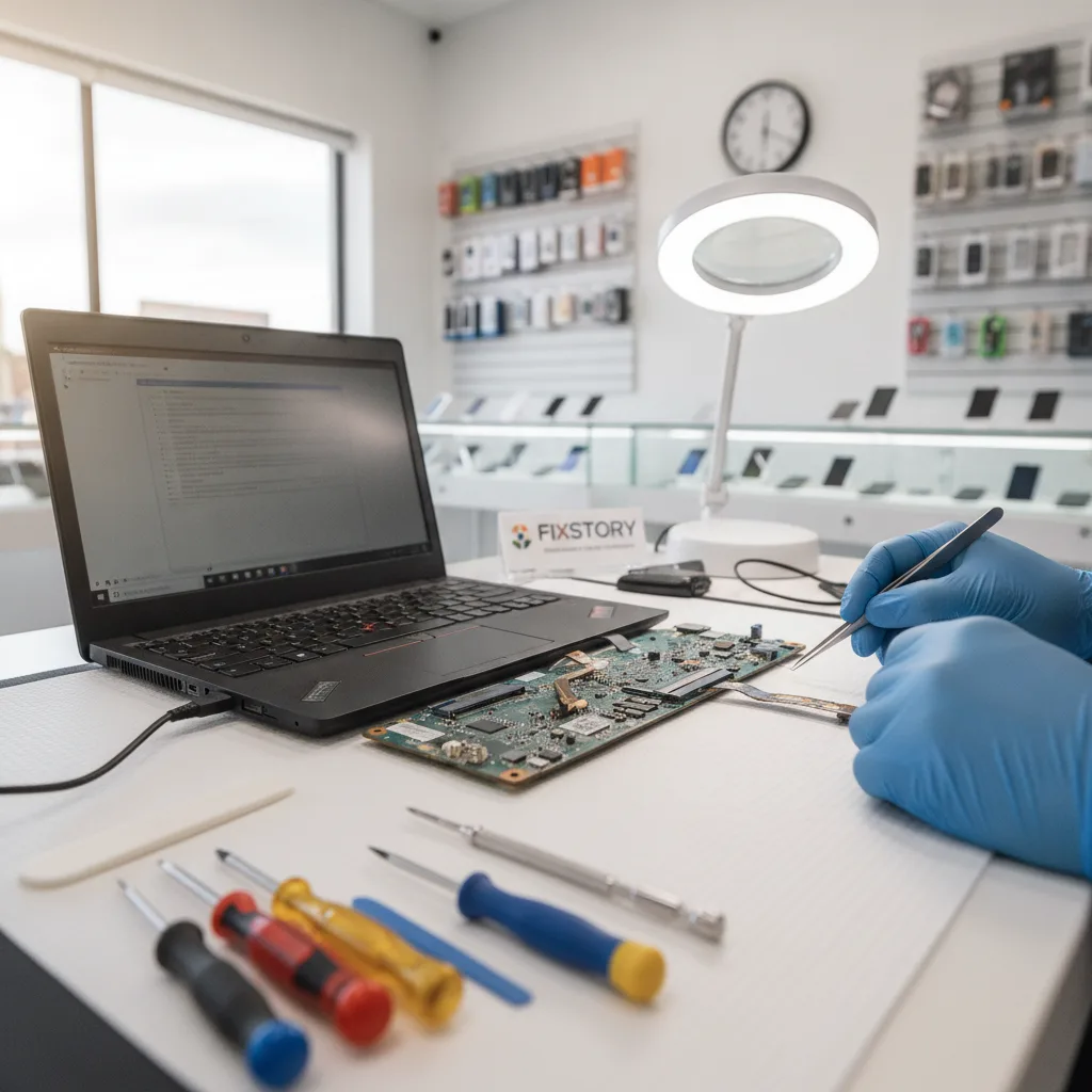 A friendly FIXSTORY technician at a workbench examining the inside of a Lenovo laptop