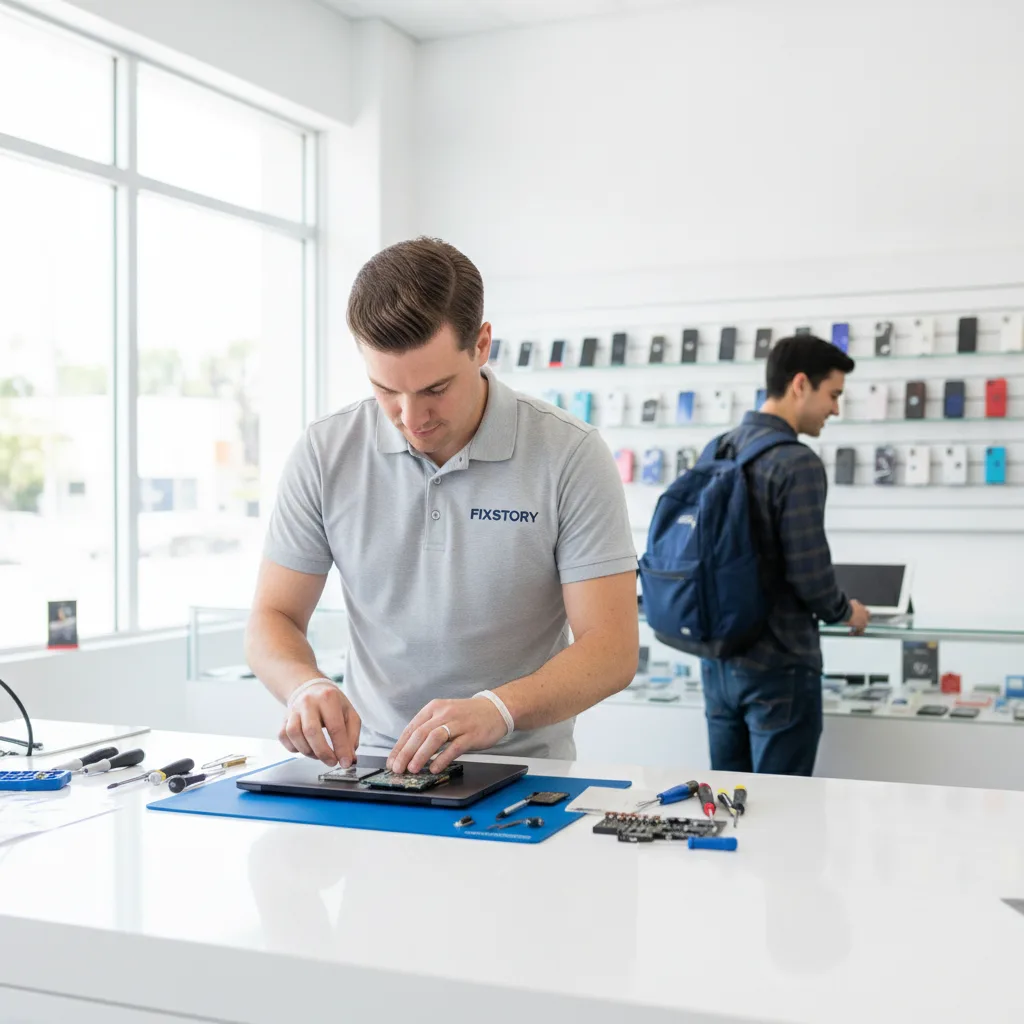 Close-up shot of a technician's hands carefully removing an SSD from an open laptop on an anti-stati