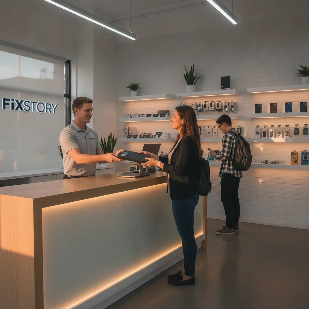 A customer looking relieved while a technician at FIXSTORY hands them a working laptop and an extern