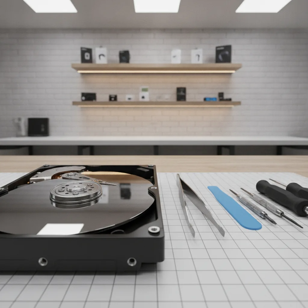 Inside of an open hard drive, showing the platters and read/write head.